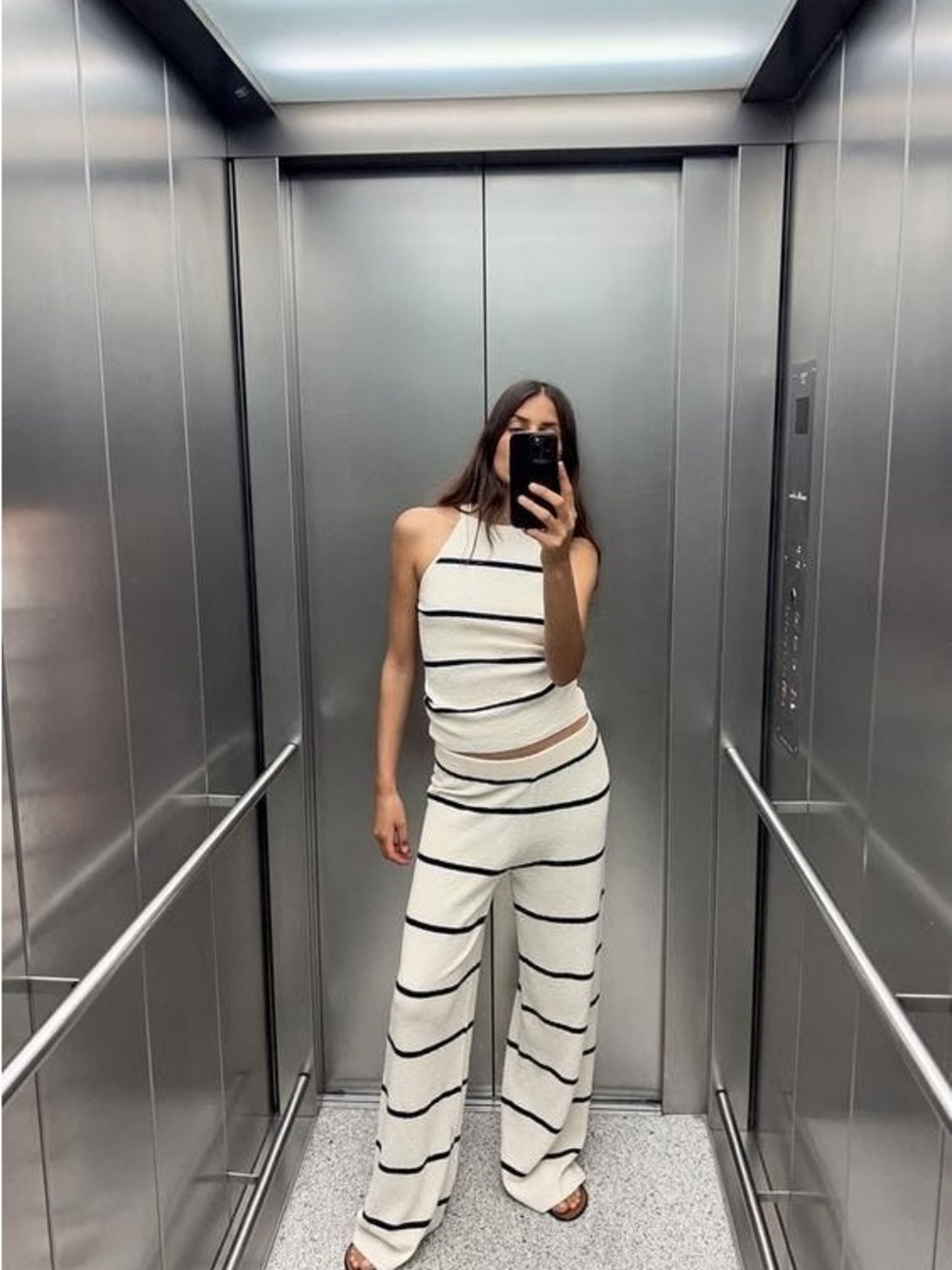 ZARA Cream Black Striped Knit Halter Top Wide Leg Pants Set S